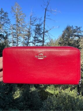 COACH Long Zip-Around Wallet Smooth Calf Leather RED with Silver Hardware